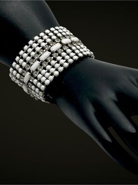 Stunning Vintage MidCentury Milk Glass and Rhinestone Statement Bracelet Estate
